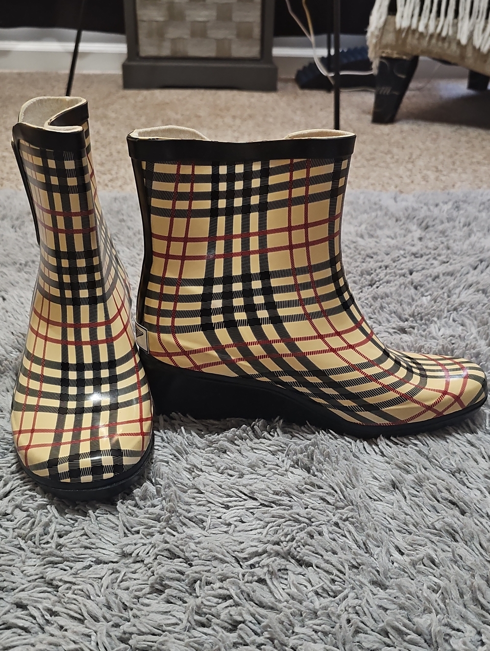 Burberry Print Short Rain Boots in Butter Yelllow with Black & Red Accents